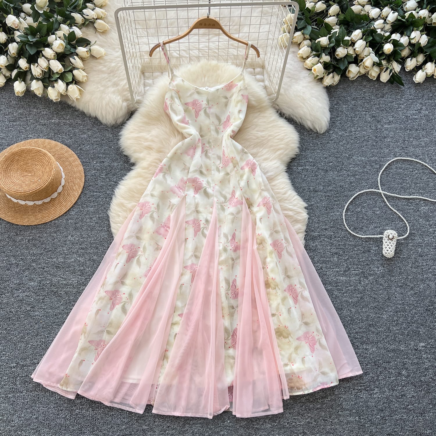 "High-Quality Pink Butterfly Mesh Overlay Maxi Dress – Elegant Spaghetti Straps & Flowing Layered Silhouette"