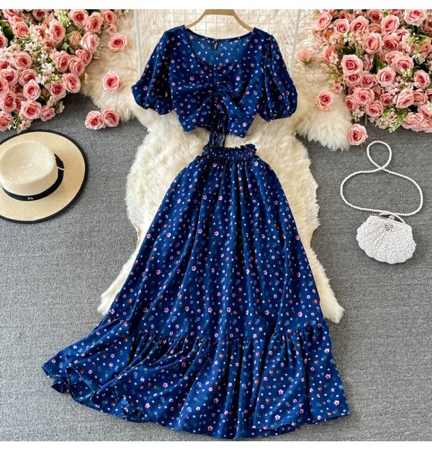 "Elegant Floral Maxi Skirt Set – Premium Puff Sleeve Top & Flowing Skirt, Two Stunning Shades"