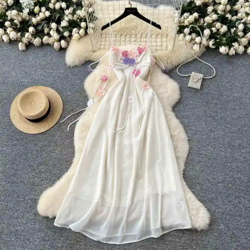 Elegant White Floral Embroidered Maxi Dress with Spaghetti Straps Perfect for Summer Outings Beachwear Evening Gatherings Free Size