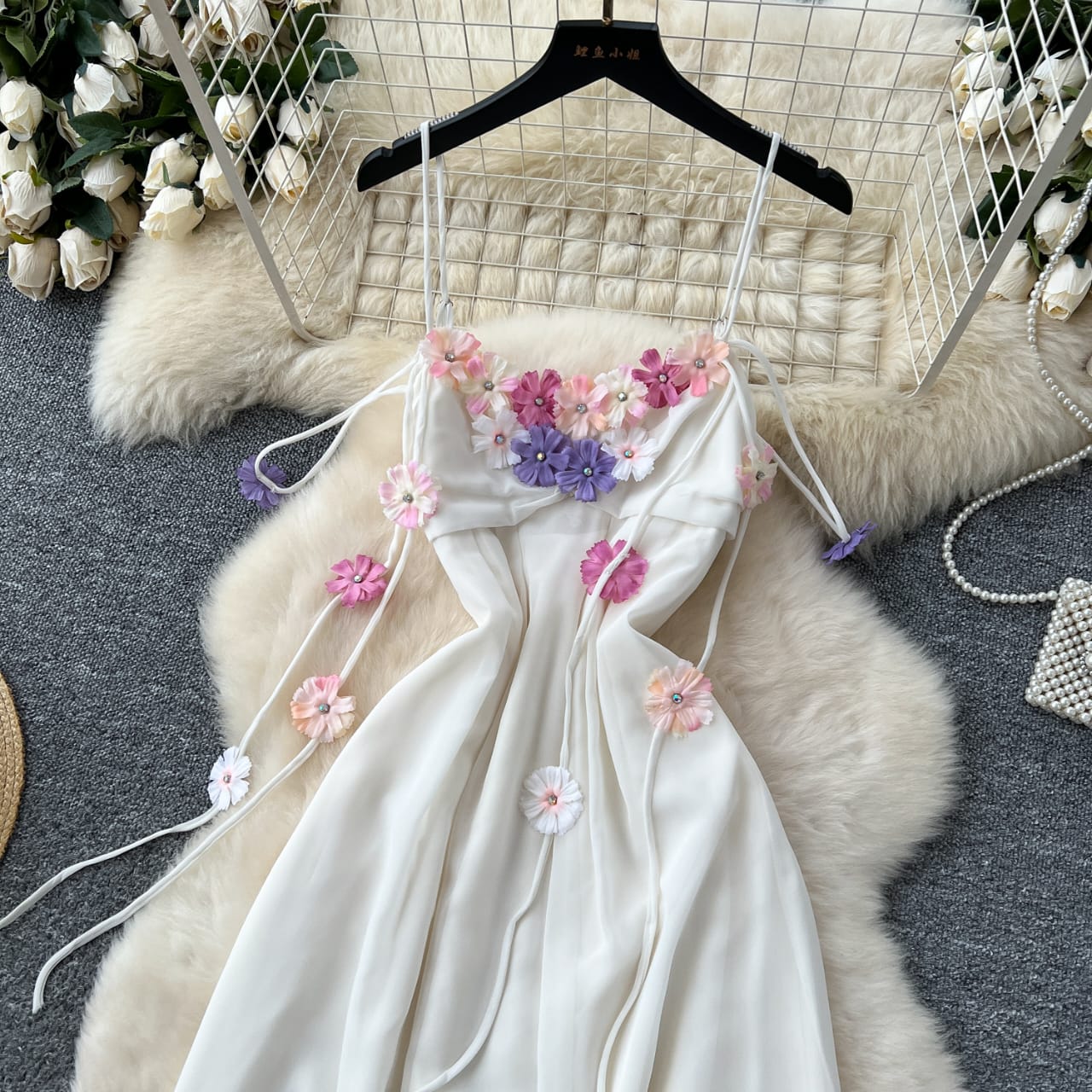Elegant White Floral Embroidered Maxi Dress with Spaghetti Straps Perfect for Summer Outings Beachwear Evening Gatherings Free Size
