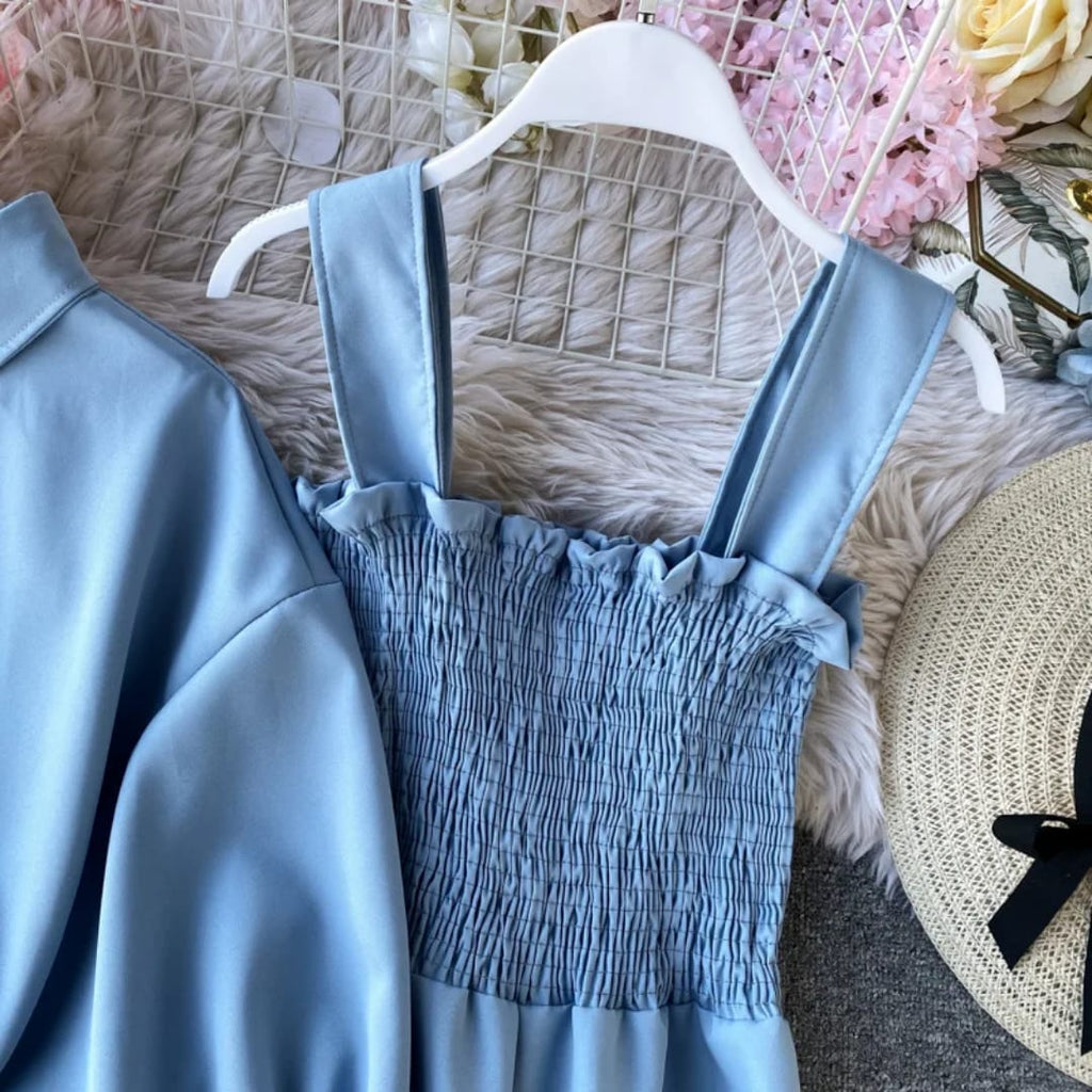 "Ocean Breeze Blue Co-Ord Set – Elegant Tie-Front Blouse with Puff Sleeves & Wide-Leg Smocked Jumpsuit"