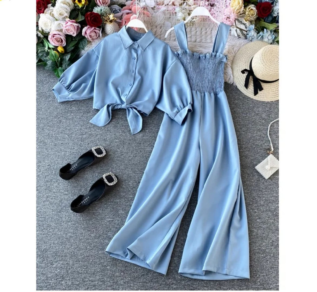 "Ocean Breeze Blue Co-Ord Set – Elegant Tie-Front Blouse with Puff Sleeves & Wide-Leg Smocked Jumpsuit"