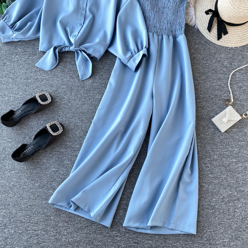 "Ocean Breeze Blue Co-Ord Set – Elegant Tie-Front Blouse with Puff Sleeves & Wide-Leg Smocked Jumpsuit"