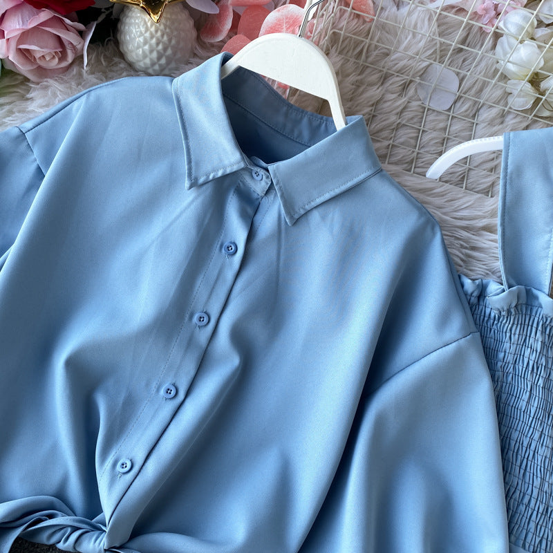 "Ocean Breeze Blue Co-Ord Set – Elegant Tie-Front Blouse with Puff Sleeves & Wide-Leg Smocked Jumpsuit"