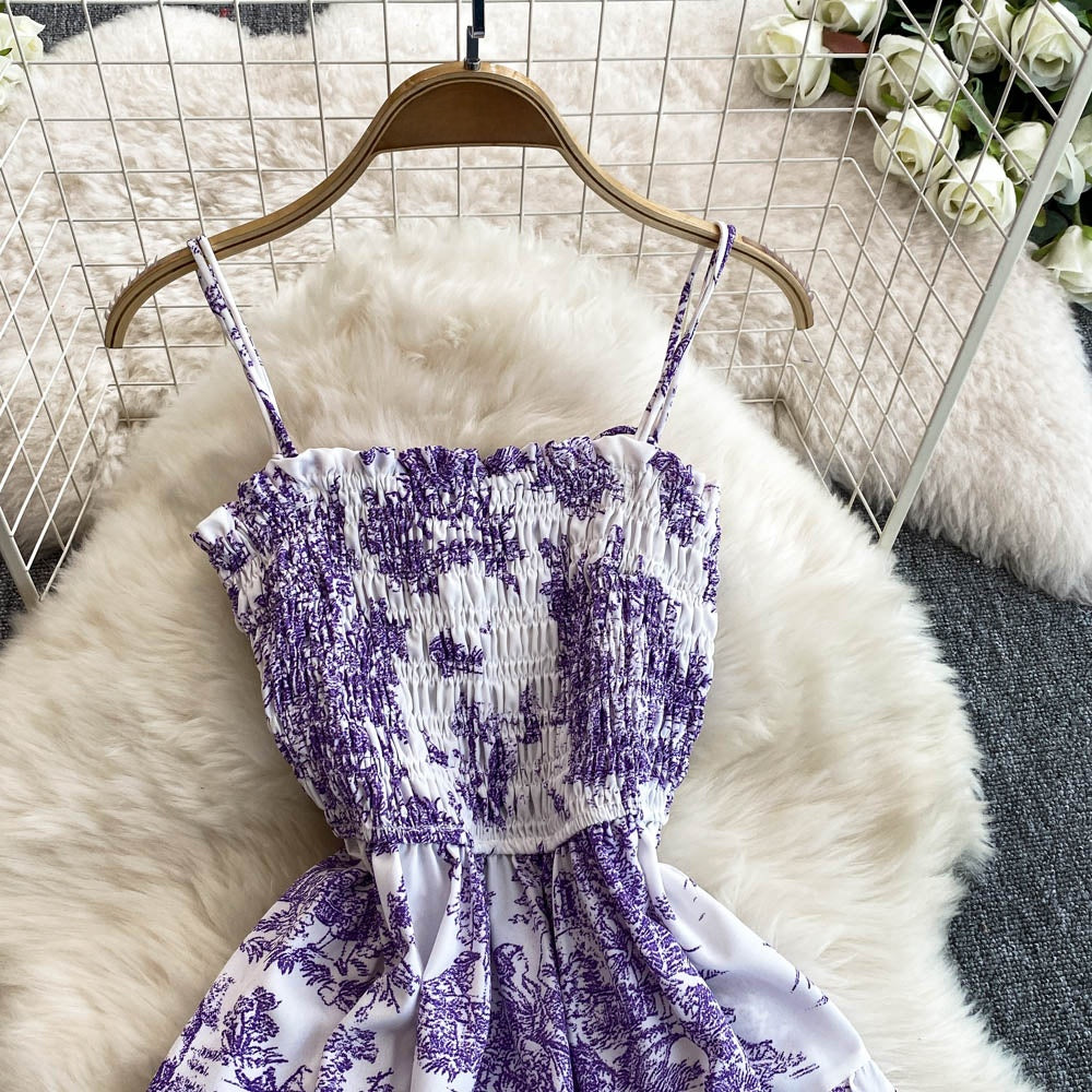 "High-Quality Royal Violet Toile Print Maxi Dress – Elegant Smocked Bodice, Adjustable Spaghetti Straps & Flowing Summer Silhouette"