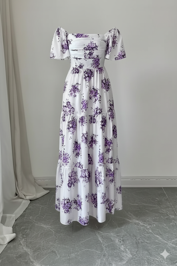 Elegant White Off-Shoulder Maxi Dress with Purple Floral Print – Summer Style