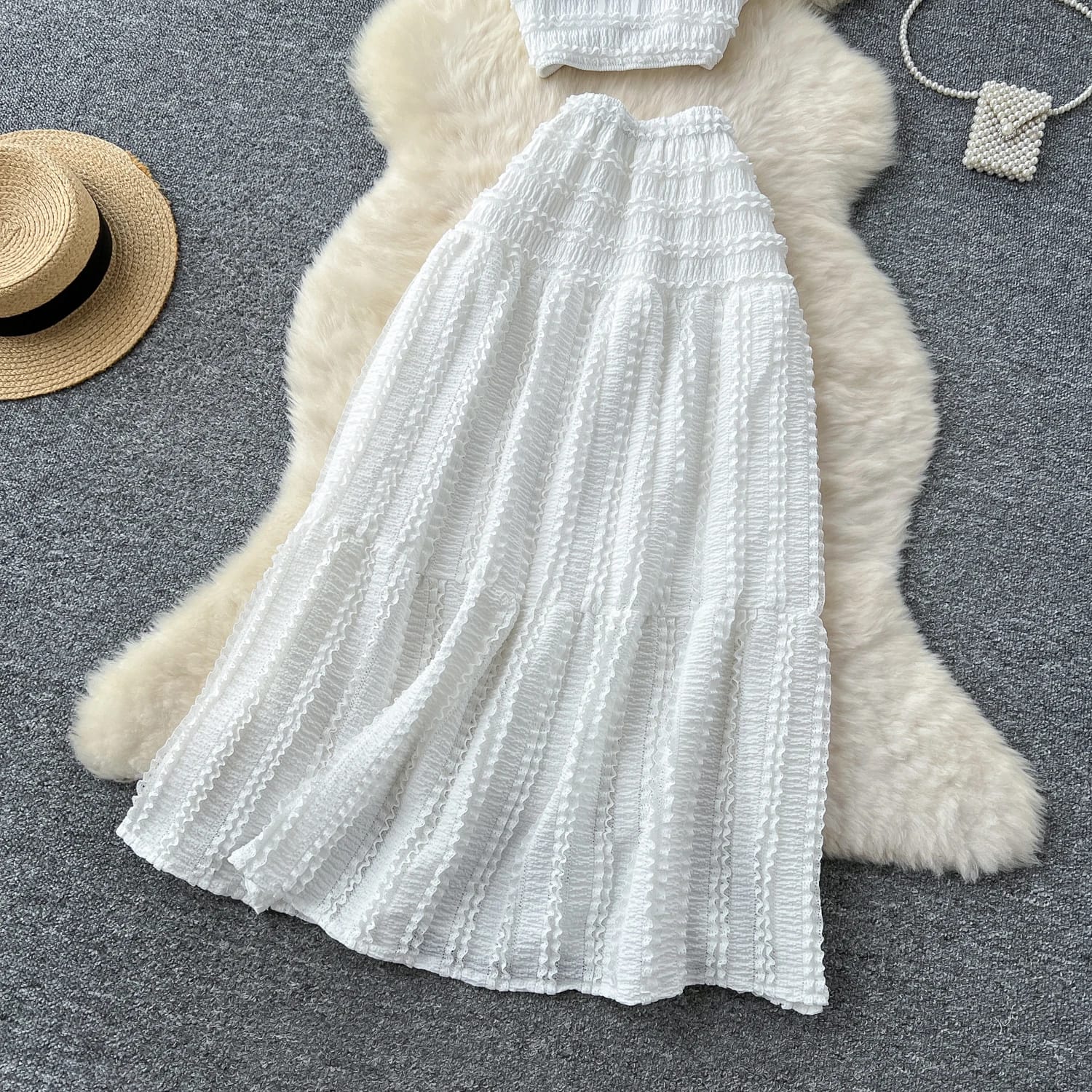 "Two-Piece Smocked Crop Top & Maxi Skirt Set – Free Size, Elegant Hot Pink & Classic White Variants, Fits 46–66kg"