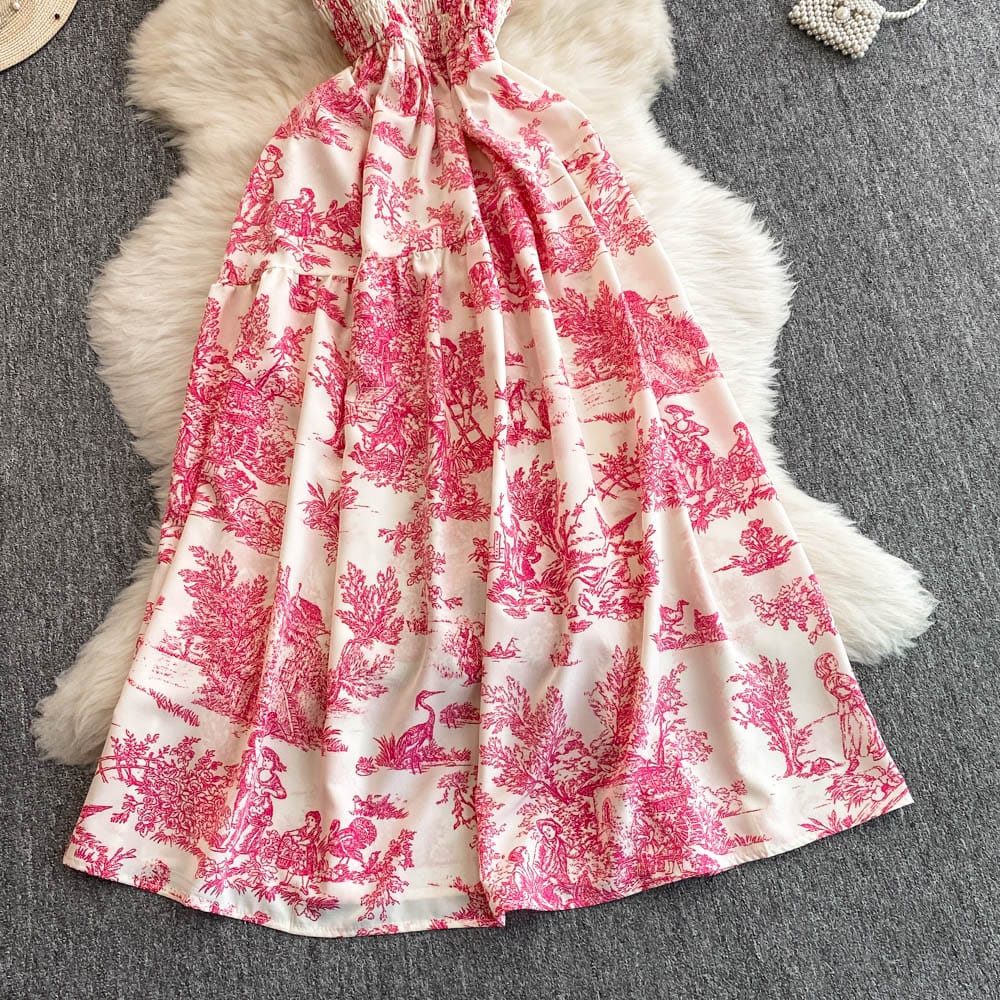 "High-Quality Vintage Pink Toile Print Maxi Dress – Elegant Smocked Bodice, Adjustable Spaghetti Straps & Flowing Summer Silhouette"