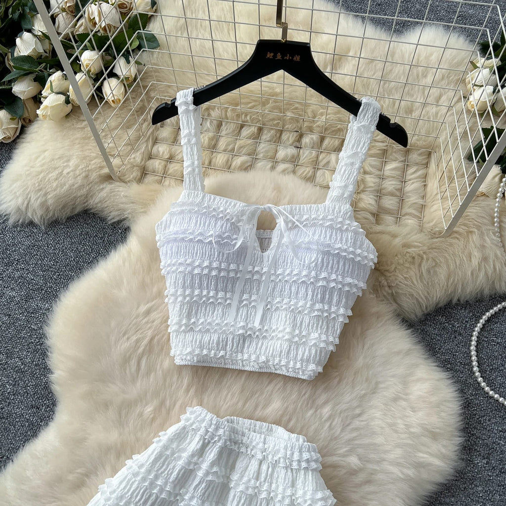 "Two-Piece Smocked Crop Top & Maxi Skirt Set – Free Size, Elegant Hot Pink & Classic White Variants, Fits 46–66kg"