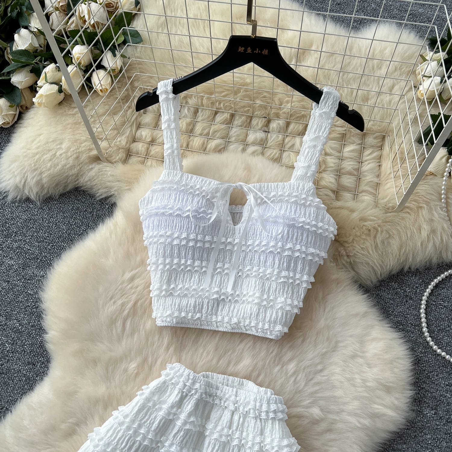 "Two-Piece Smocked Crop Top & Maxi Skirt Set – Free Size, Elegant Hot Pink & Classic White Variants, Fits 46–66kg"