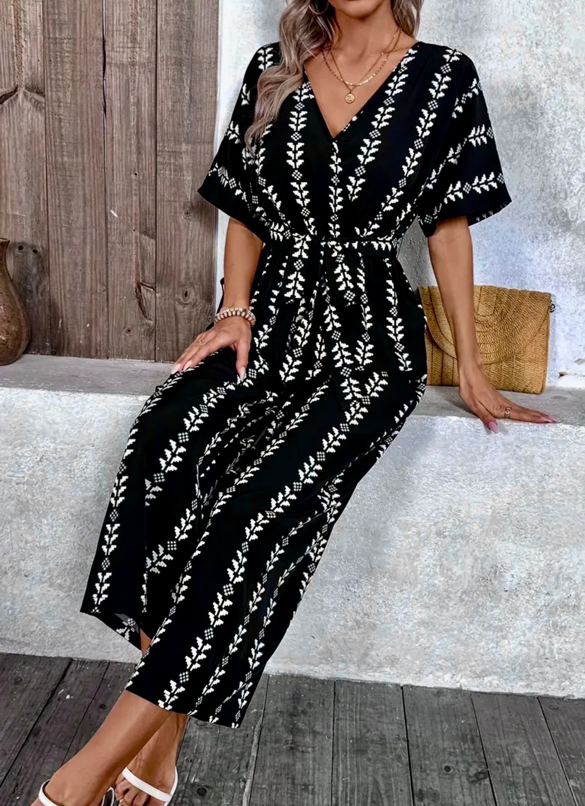 Elegant Black & White Printed Jumpsuit with V-Neck