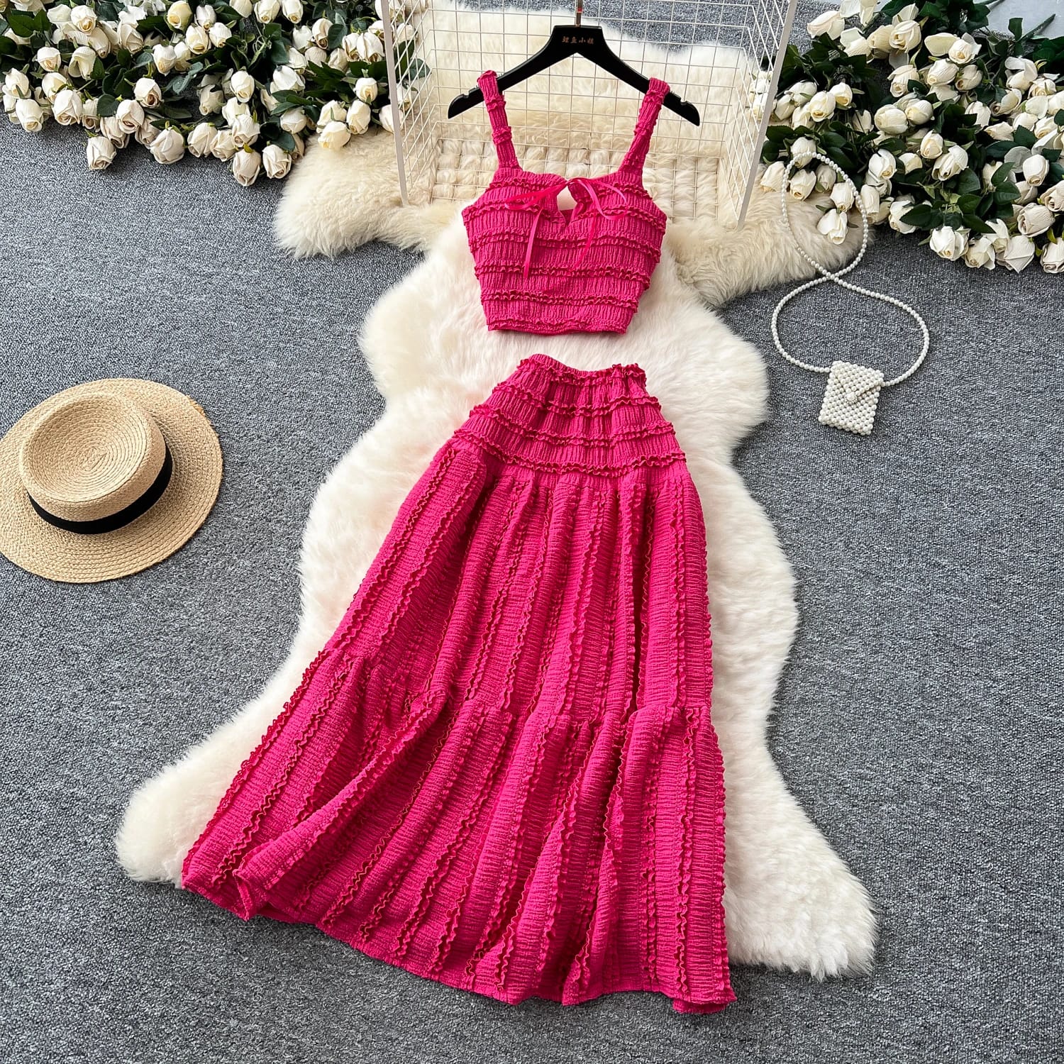 "Two-Piece Smocked Crop Top & Maxi Skirt Set – Free Size, Elegant Hot Pink & Classic White Variants, Fits 46–66kg"