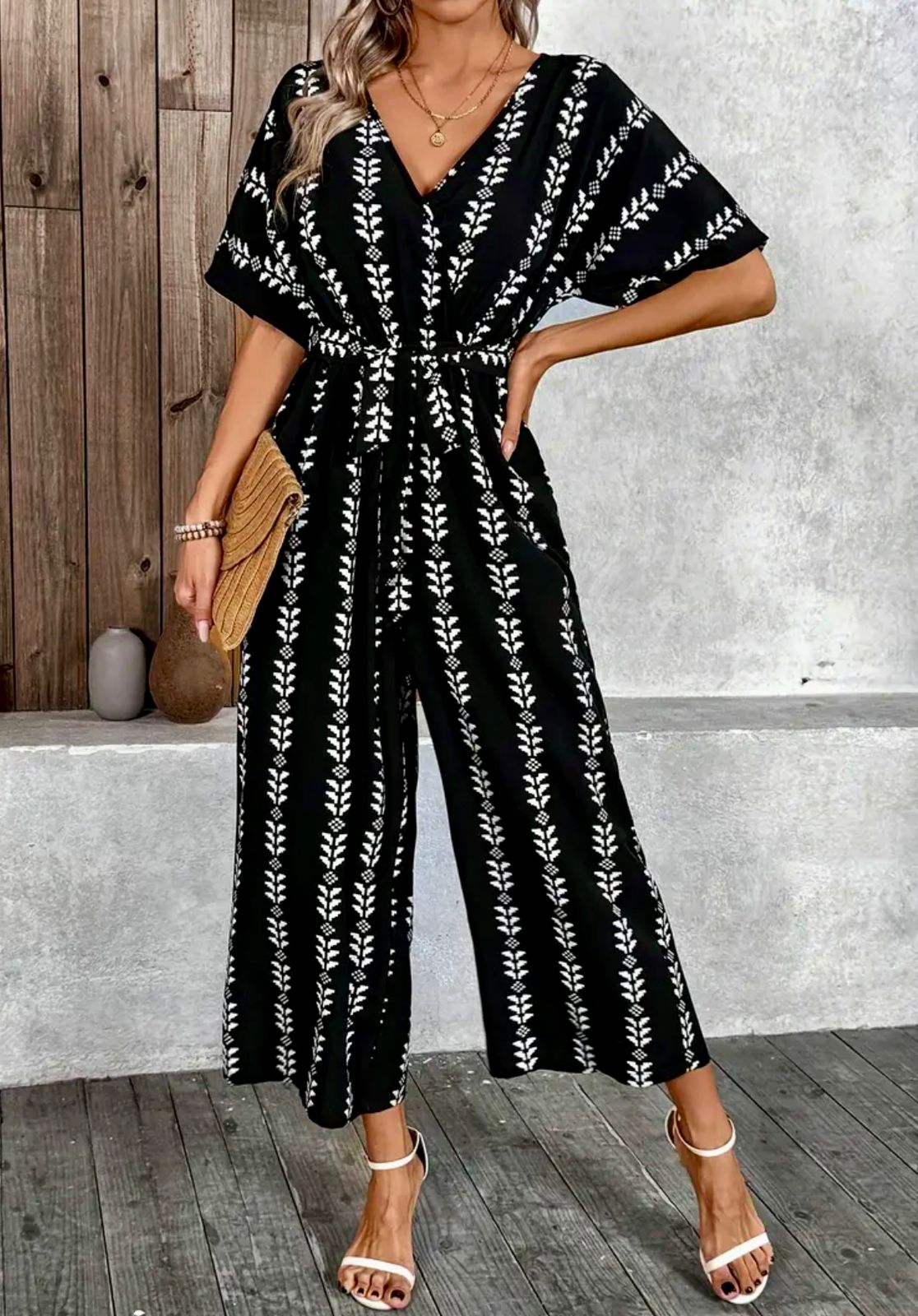 Elegant Black & White Printed Jumpsuit with V-Neck