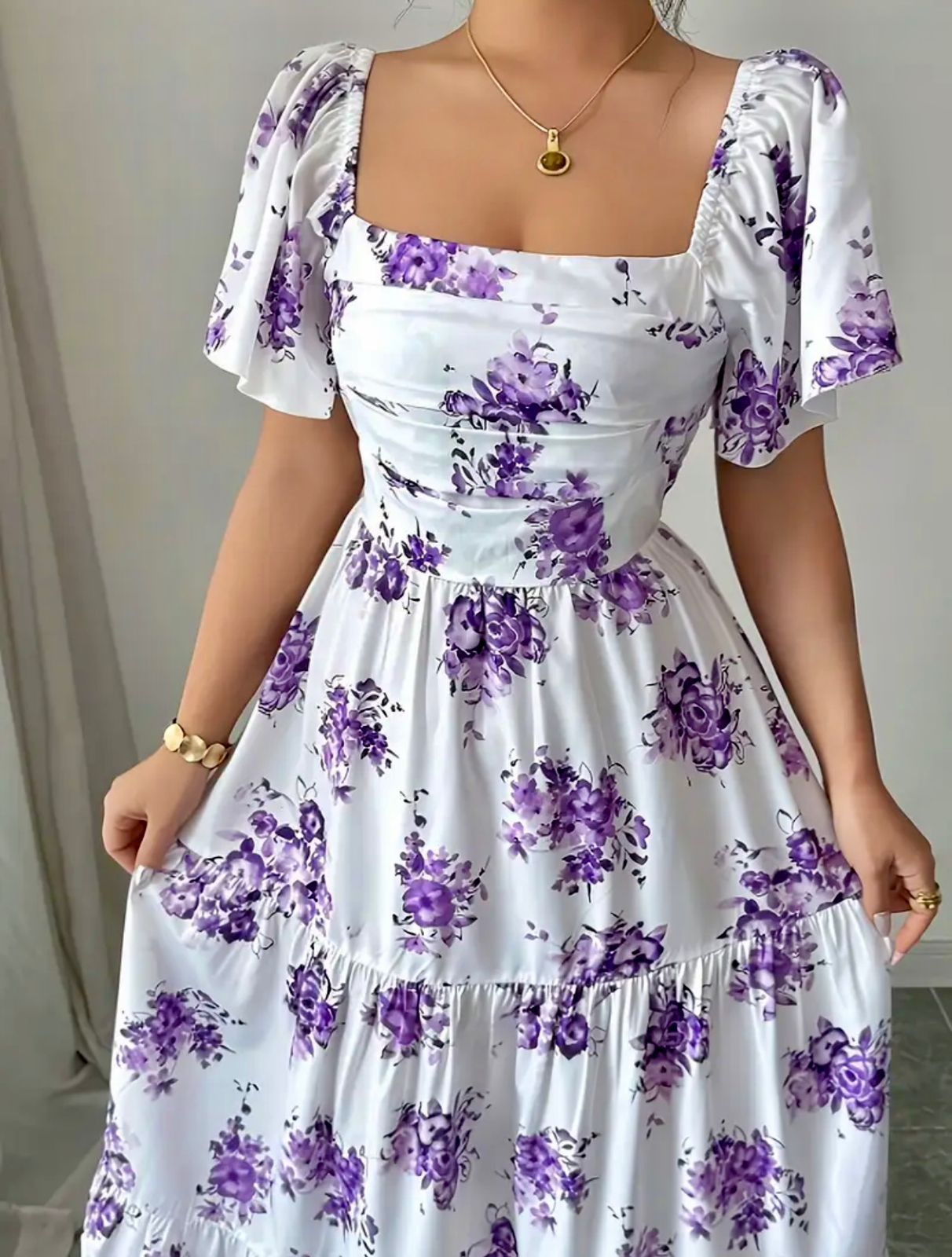 Elegant White Off-Shoulder Maxi Dress with Purple Floral Print – Summer Style