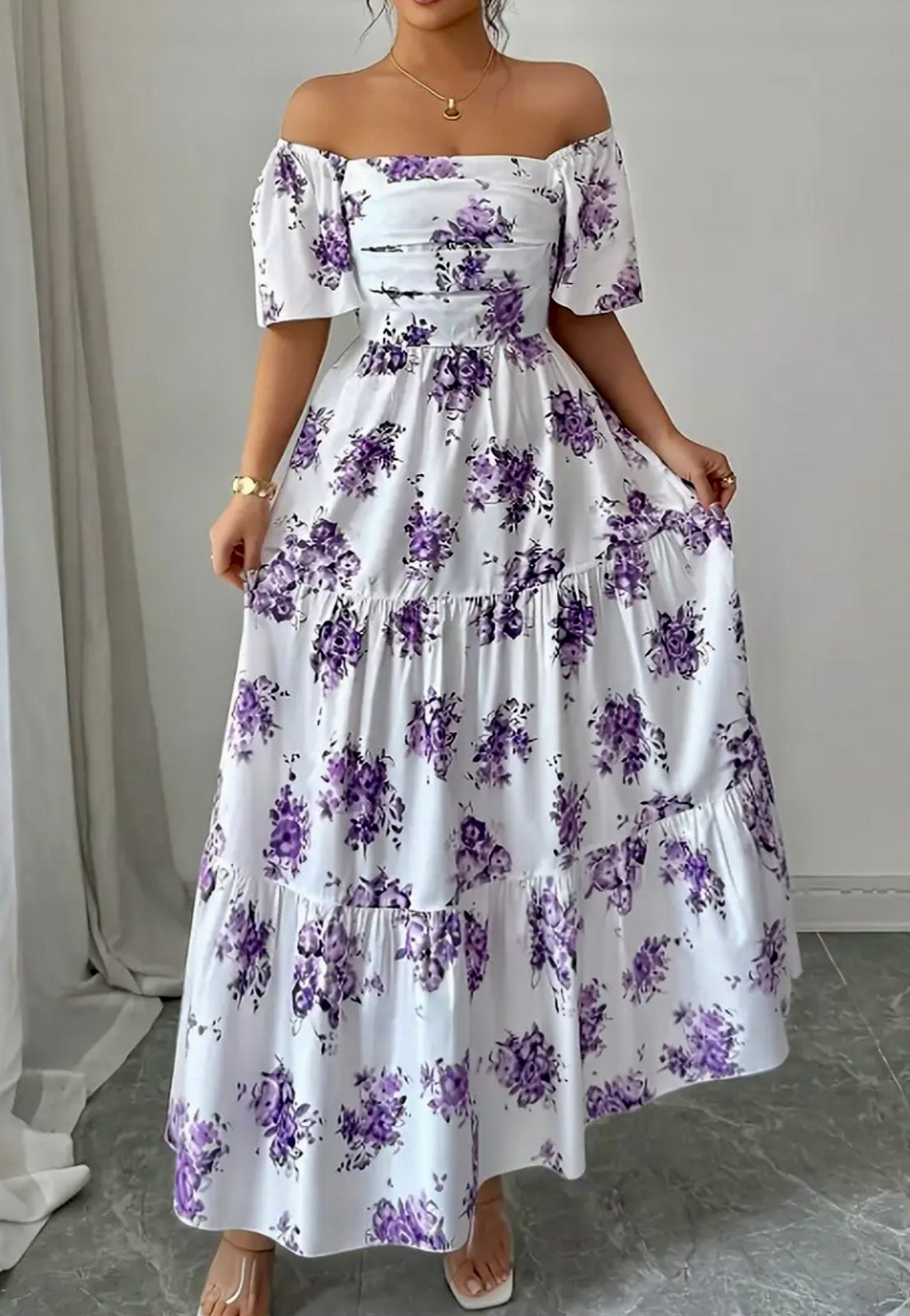 Elegant White Off-Shoulder Maxi Dress with Purple Floral Print – Summer Style