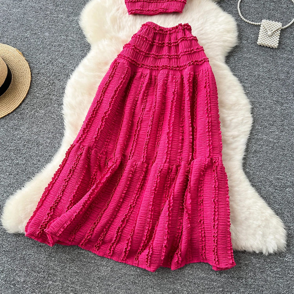 "Two-Piece Smocked Crop Top & Maxi Skirt Set – Free Size, Elegant Hot Pink & Classic White Variants, Fits 46–66kg"