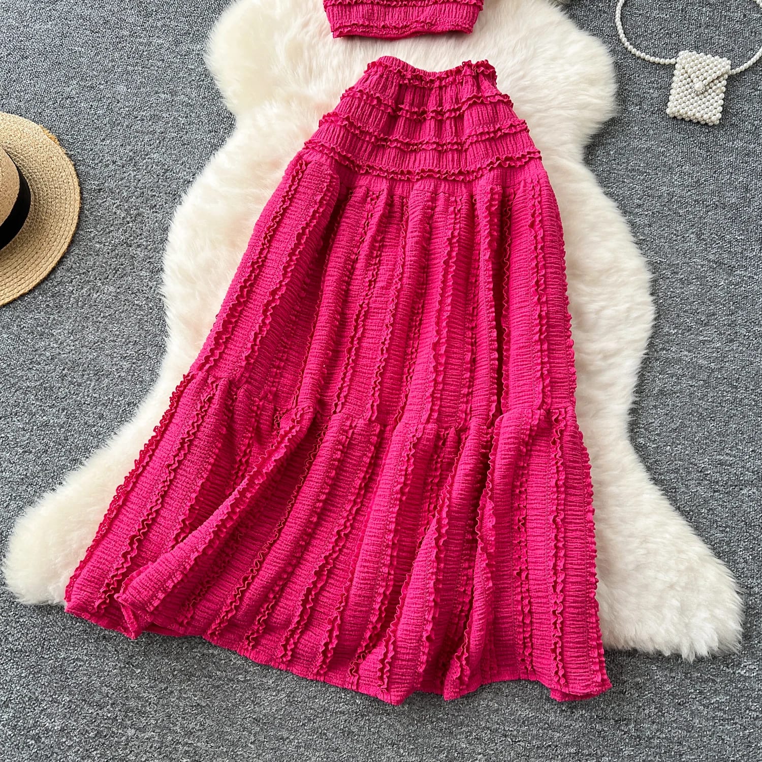 "Two-Piece Smocked Crop Top & Maxi Skirt Set – Free Size, Elegant Hot Pink & Classic White Variants, Fits 46–66kg"
