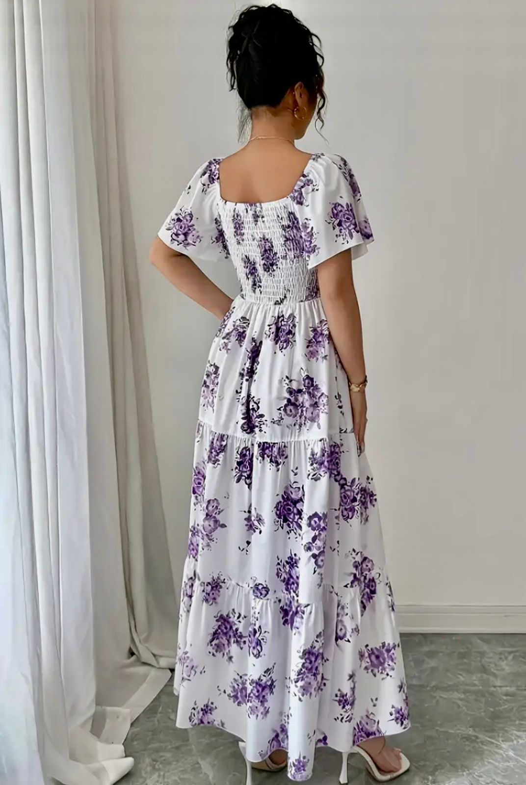 Elegant White Off-Shoulder Maxi Dress with Purple Floral Print – Summer Style
