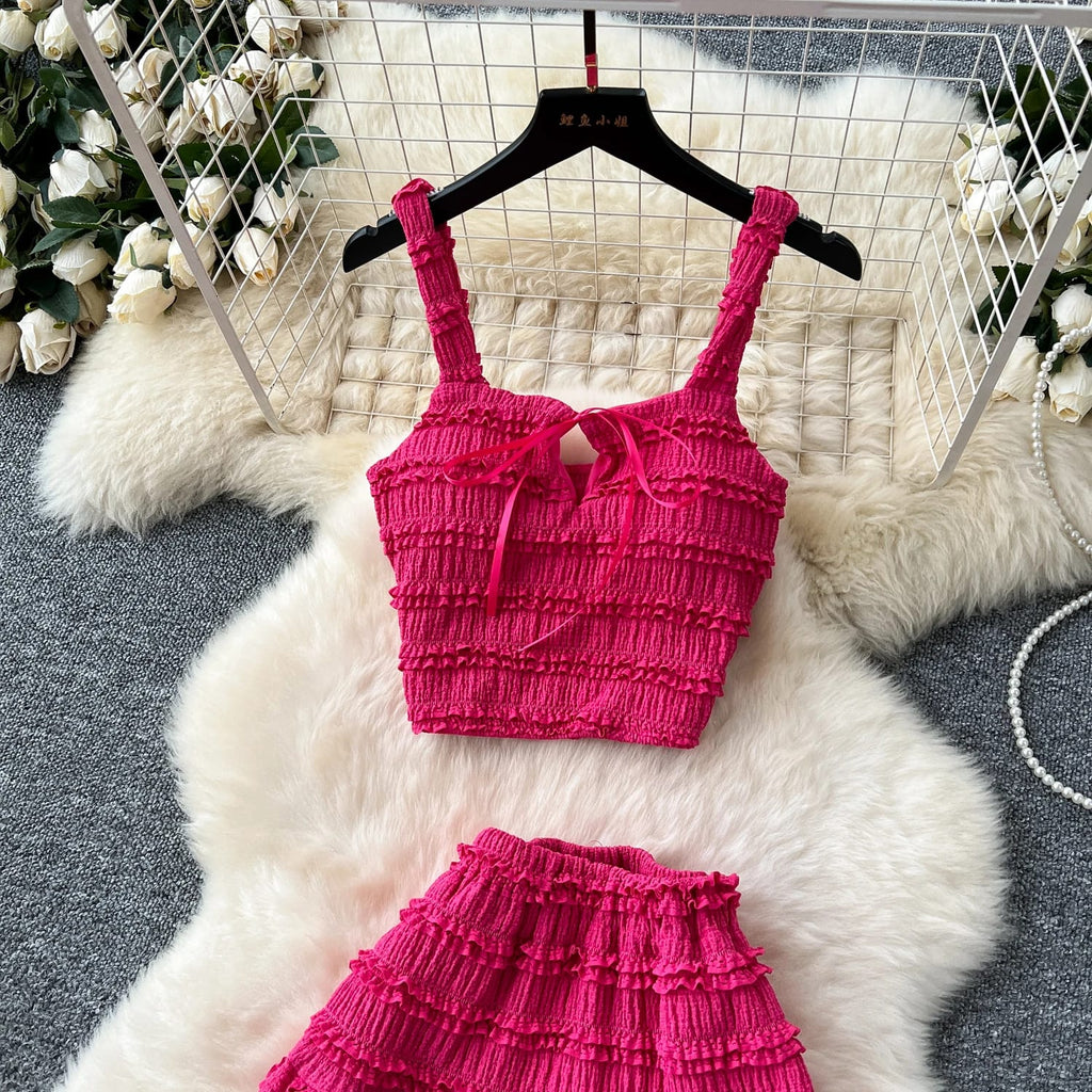 "Two-Piece Smocked Crop Top & Maxi Skirt Set – Free Size, Elegant Hot Pink & Classic White Variants, Fits 46–66kg"