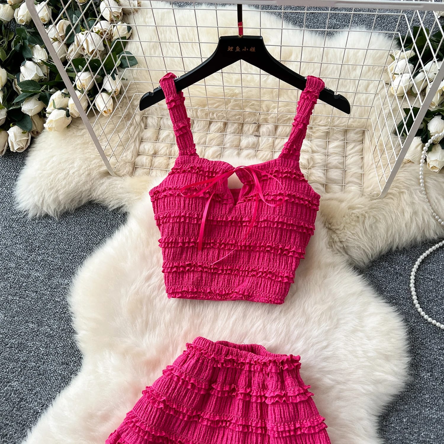 "Two-Piece Smocked Crop Top & Maxi Skirt Set – Free Size, Elegant Hot Pink & Classic White Variants, Fits 46–66kg"