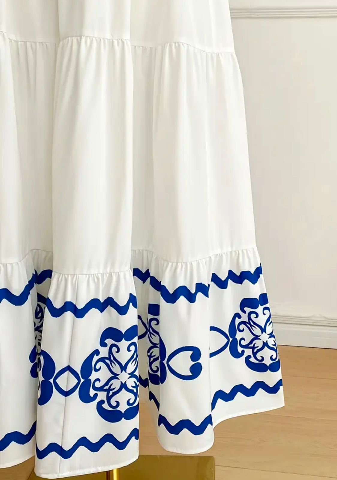 Elegant White Off-Shoulder Maxi Dress with Blue Embroidery – Summer Boho Style