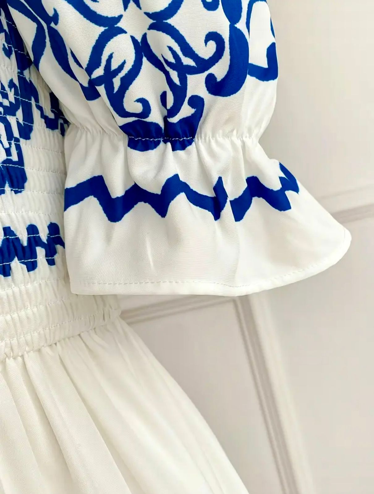 Elegant White Off-Shoulder Maxi Dress with Blue Embroidery – Summer Boho Style