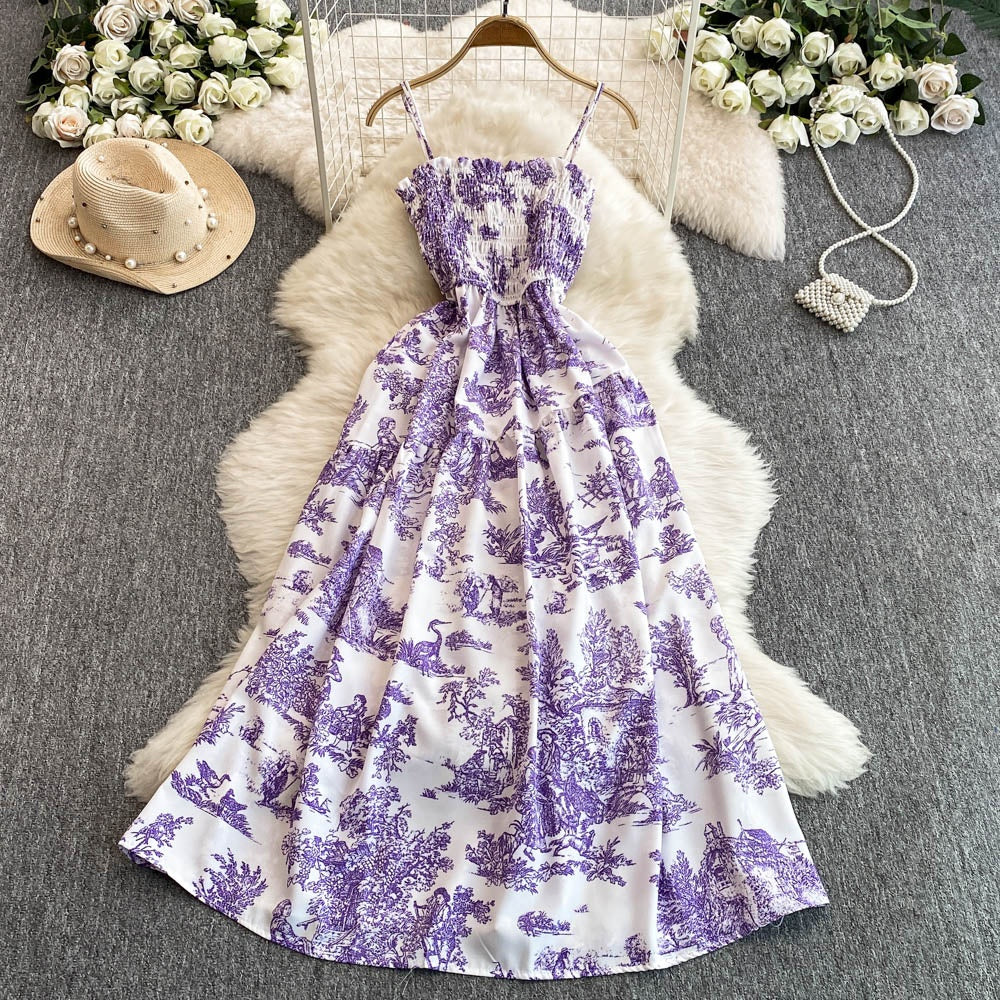"High-Quality Royal Violet Toile Print Maxi Dress – Elegant Smocked Bodice, Adjustable Spaghetti Straps & Flowing Summer Silhouette"
