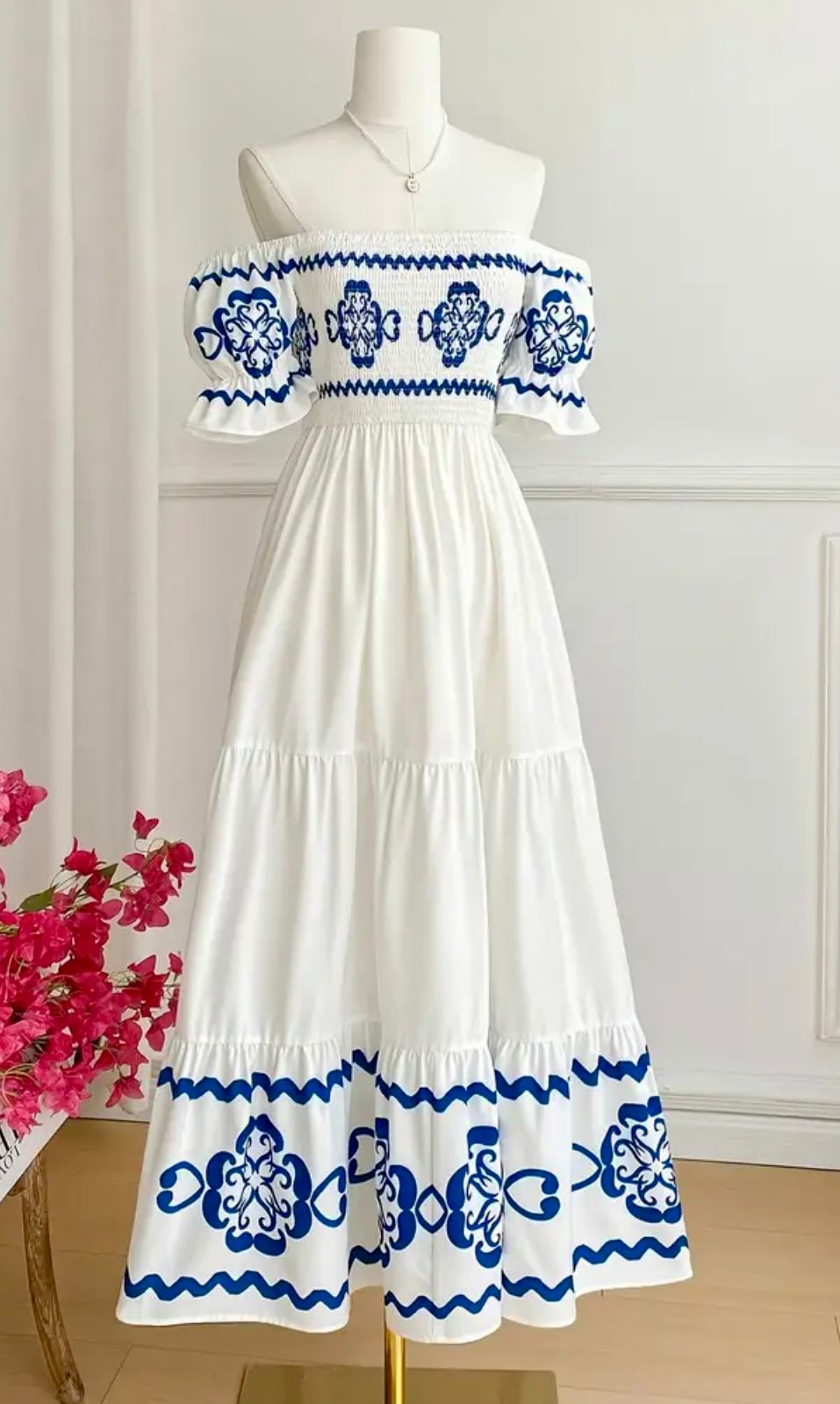 Elegant White Off-Shoulder Maxi Dress with Blue Embroidery – Summer Boho Style
