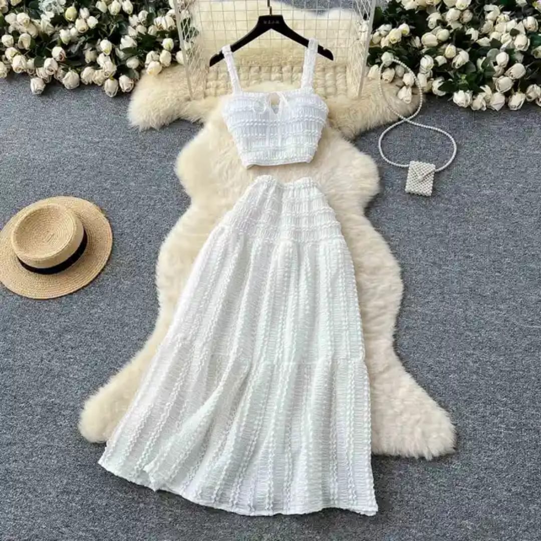 "Two-Piece Smocked Crop Top & Maxi Skirt Set – Free Size, Elegant Hot Pink & Classic White Variants, Fits 46–66kg"