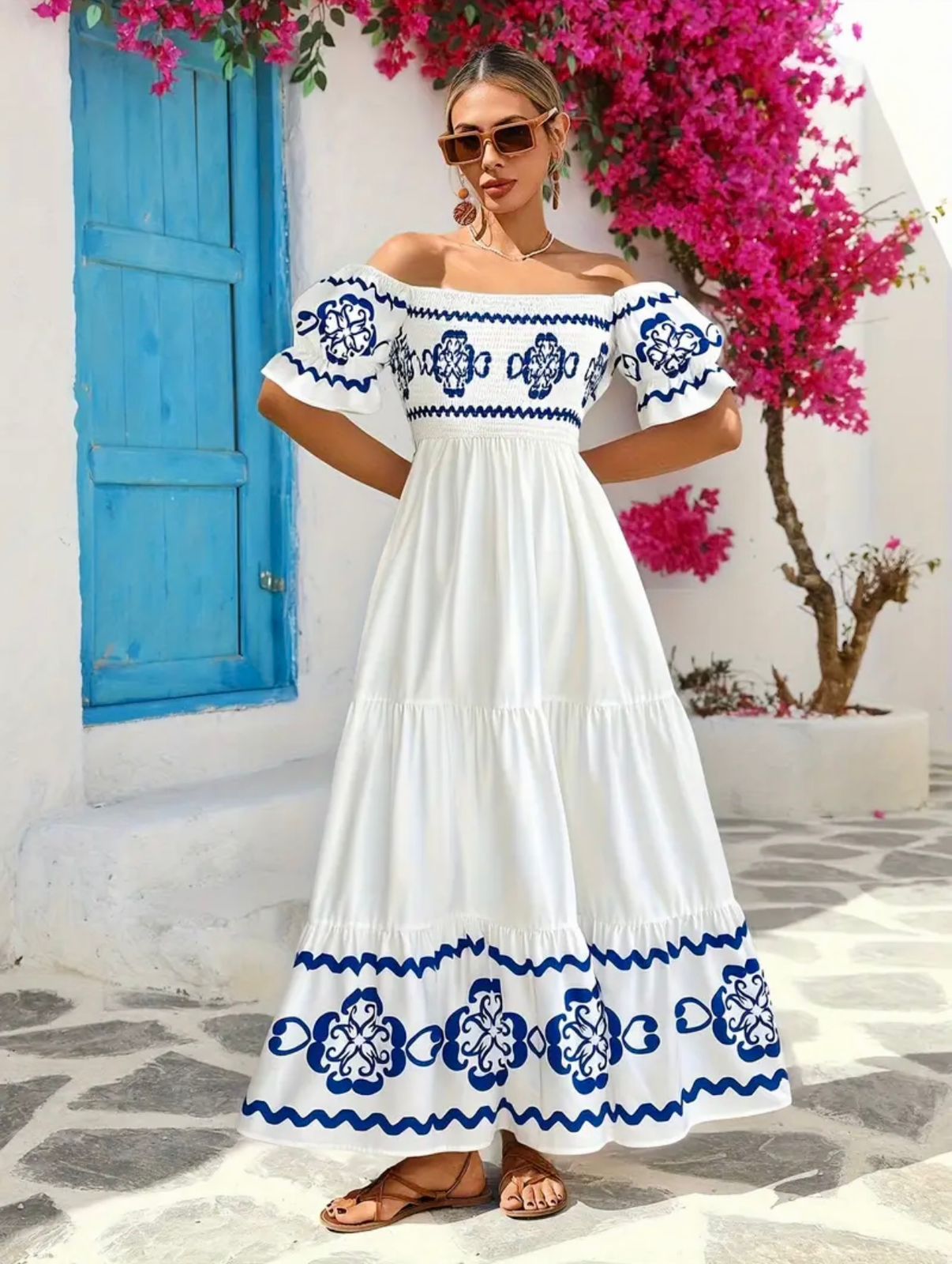 Elegant White Off-Shoulder Maxi Dress with Blue Embroidery – Summer Boho Style