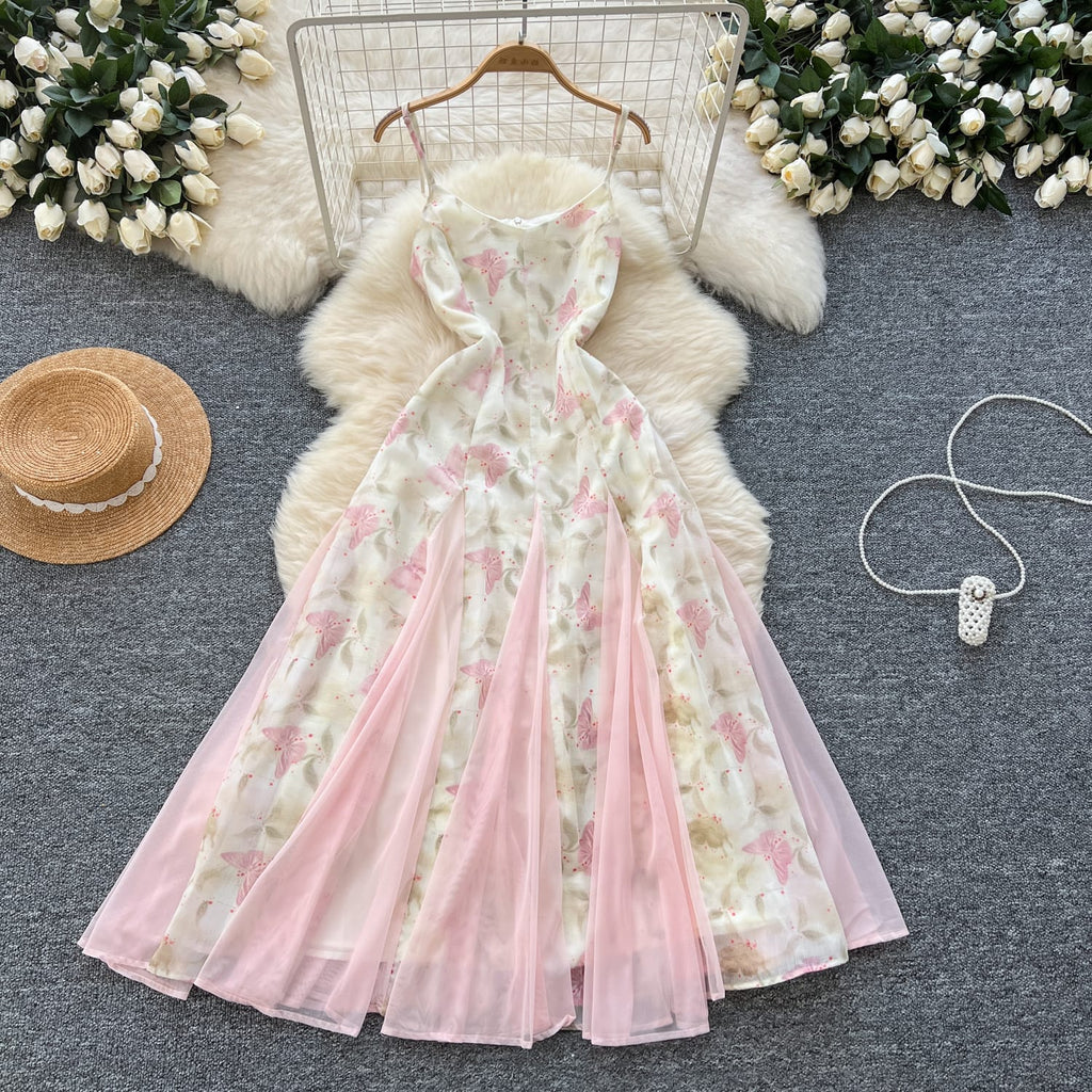 "High-Quality Pink Butterfly Mesh Overlay Maxi Dress – Elegant Spaghetti Straps & Flowing Layered Silhouette"