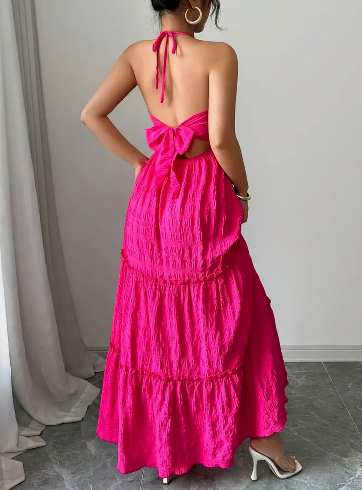 "The Santorini" Hot Pink Halter Maxi Dress with Rosette Detail