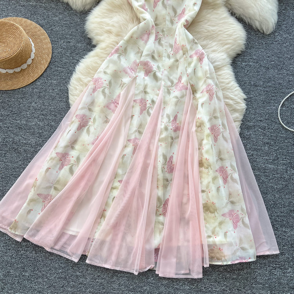 "High-Quality Pink Butterfly Mesh Overlay Maxi Dress – Elegant Spaghetti Straps & Flowing Layered Silhouette"