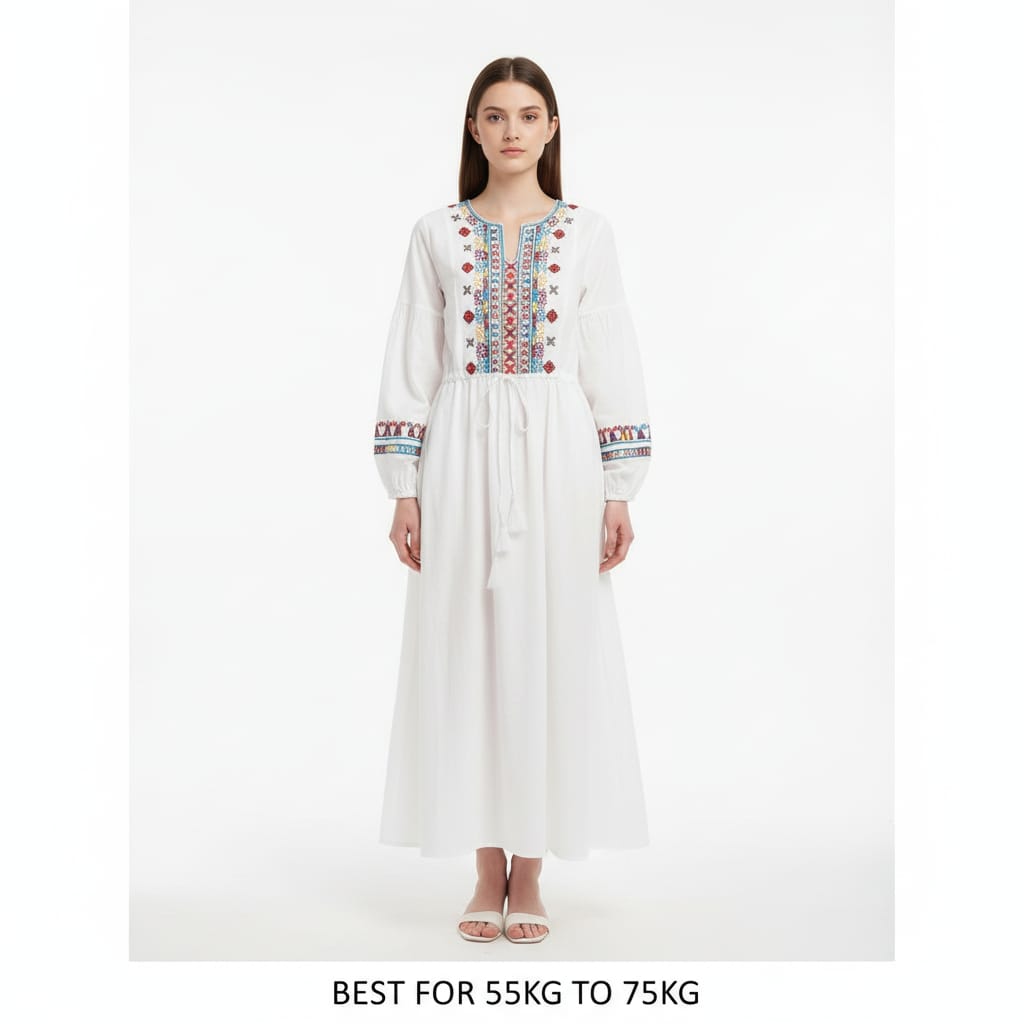 "High-Quality Bohemian Embroidered Maxi Dress – Elegant Lantern Sleeves, Drawstring Waist & Ethnic Chic Detailing"