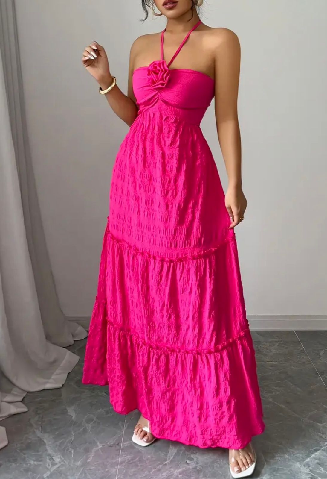 "The Santorini" Hot Pink Halter Maxi Dress with Rosette Detail