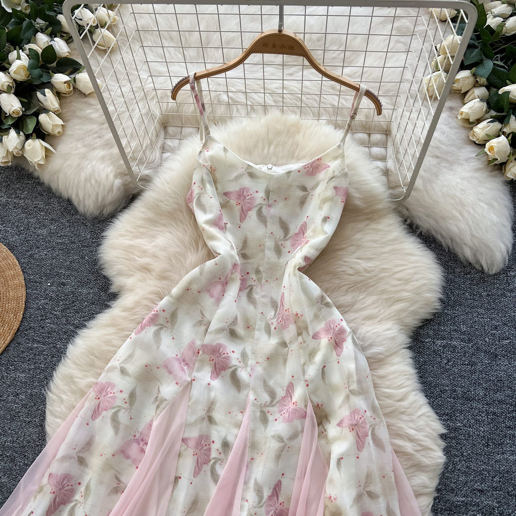 "High-Quality Pink Butterfly Mesh Overlay Maxi Dress – Elegant Spaghetti Straps & Flowing Layered Silhouette"