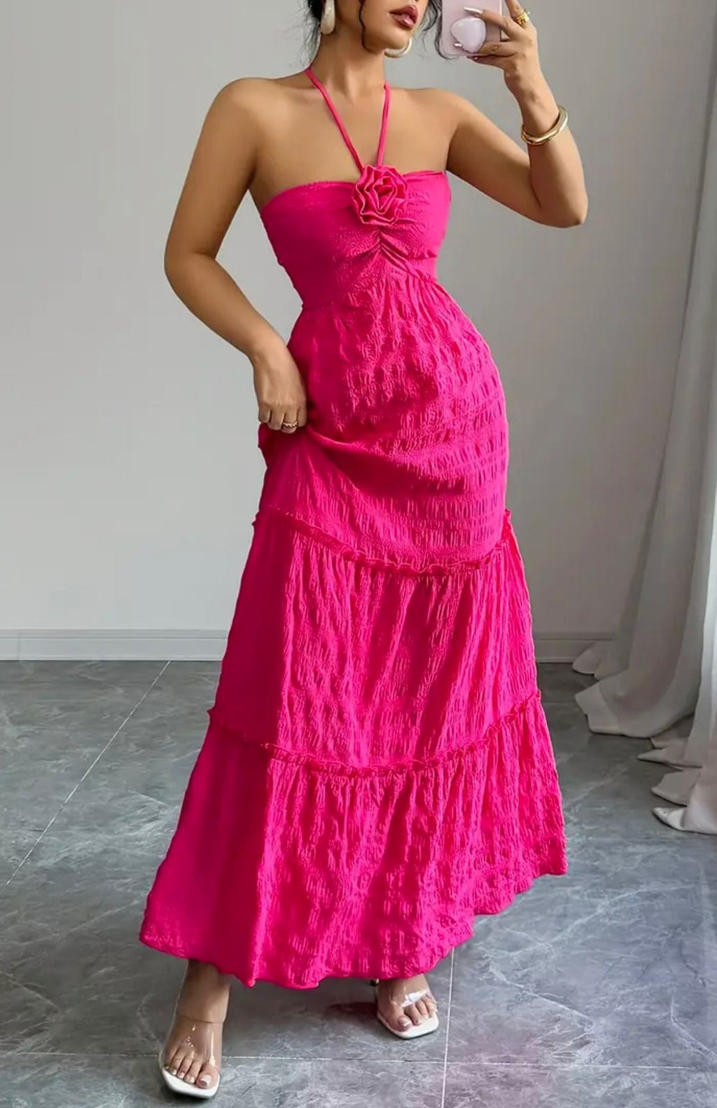 "The Santorini" Hot Pink Halter Maxi Dress with Rosette Detail