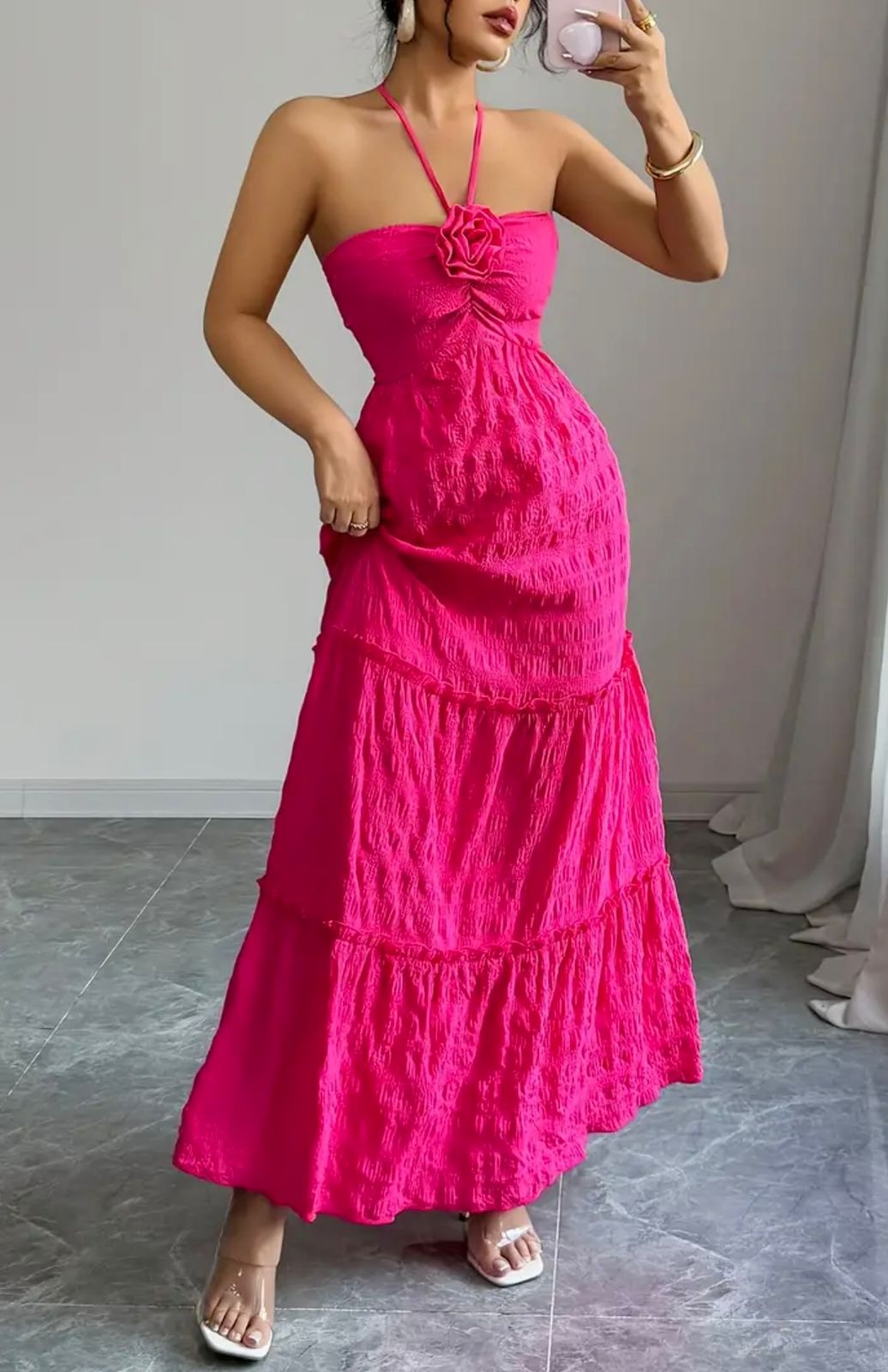 "The Santorini" Hot Pink Halter Maxi Dress with Rosette Detail