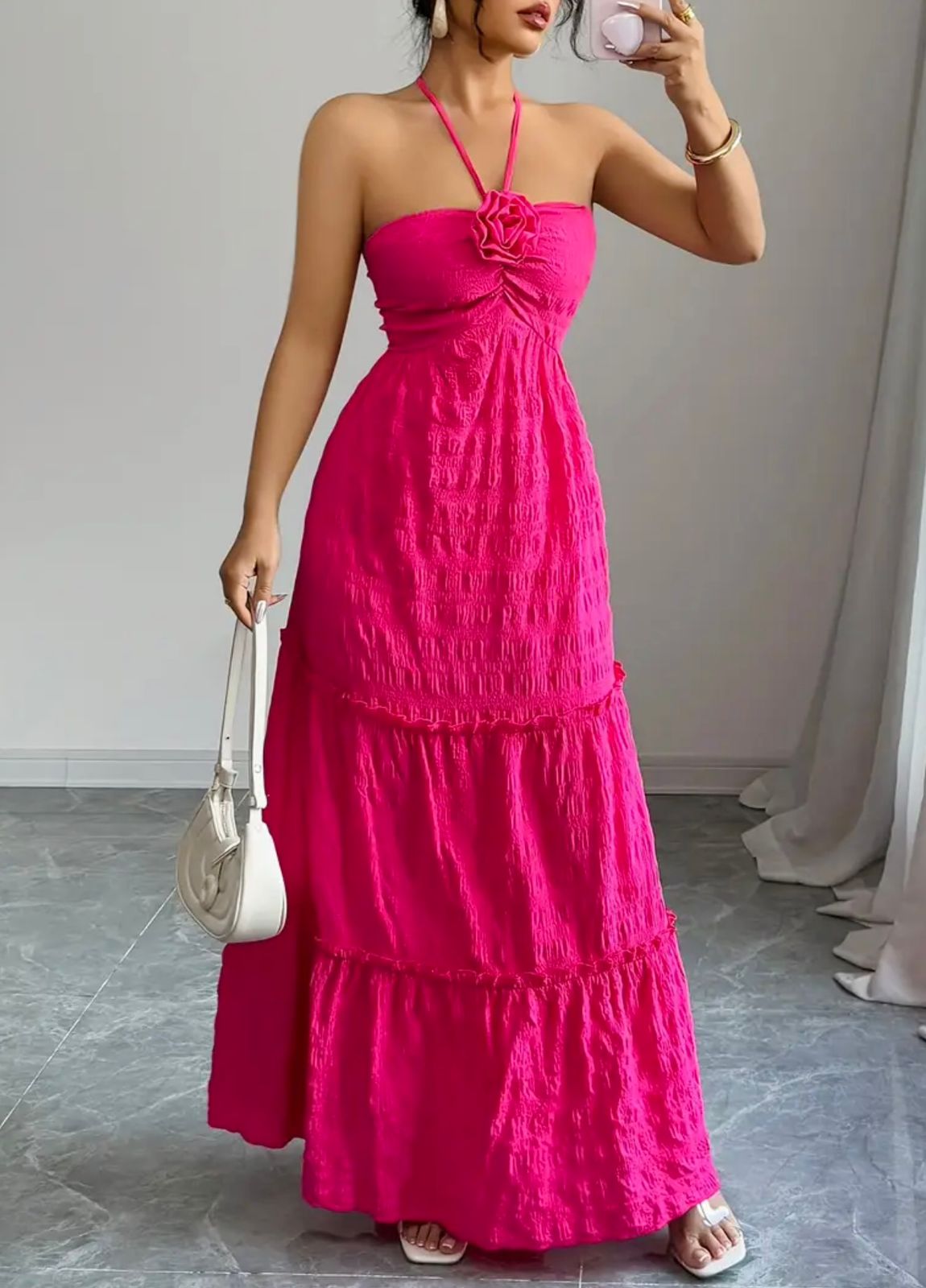 "The Santorini" Hot Pink Halter Maxi Dress with Rosette Detail