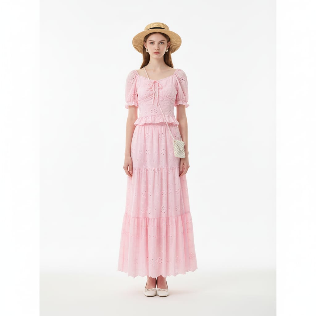 "Sweet Blossom Pink Eyelet Two-Piece Set – Puff Sleeve Peplum Top & Flowing Tiered Maxi Skirt" 🌸