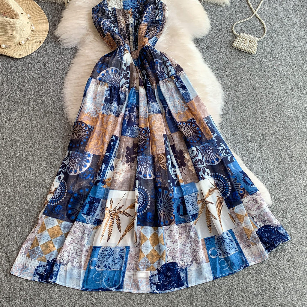 "Elegant Floral Bloom Maxi Dress – Free Size, Lightweight & Flowing Design in Blue & Rosé Variants, Fits 46–66kg"