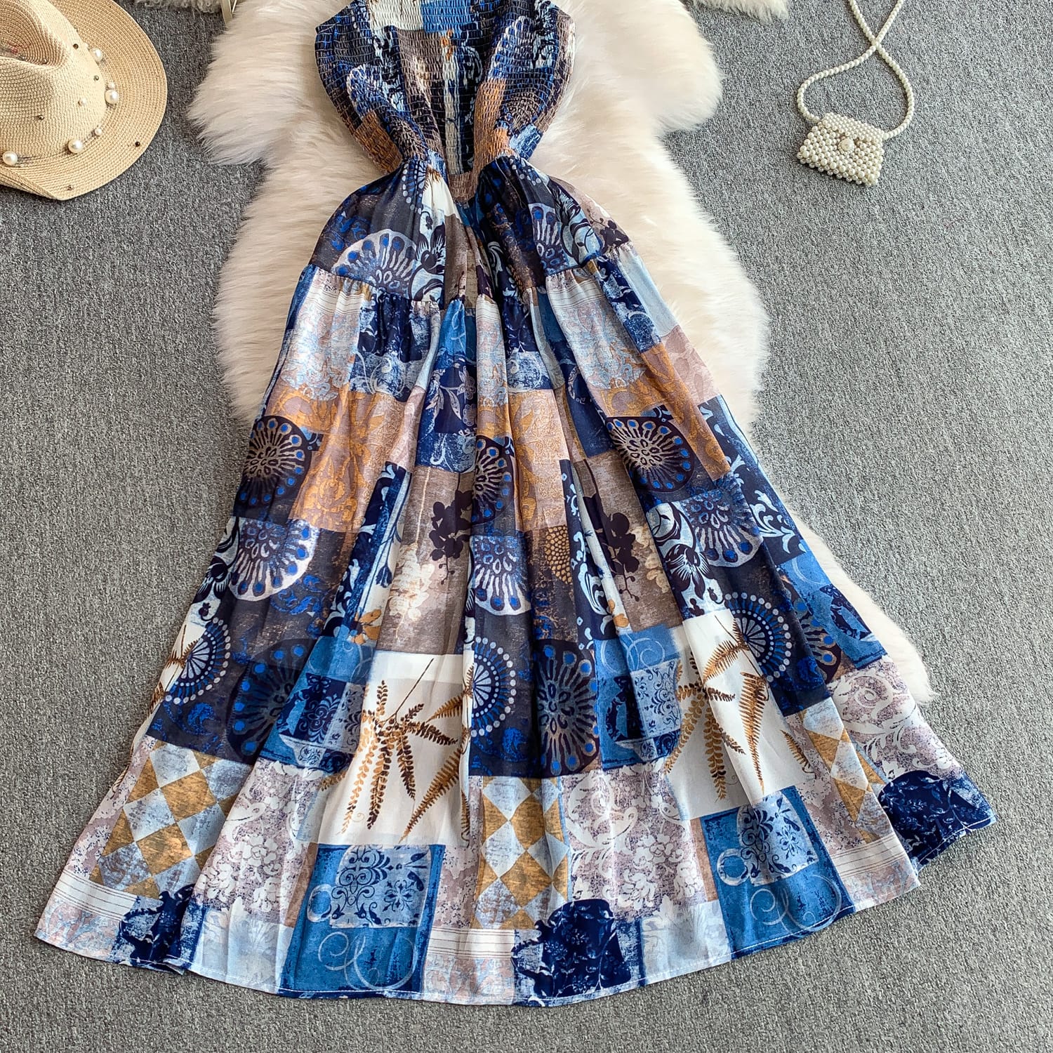 "Elegant Floral Bloom Maxi Dress – Free Size, Lightweight & Flowing Design in Blue & Rosé Variants, Fits 46–66kg"