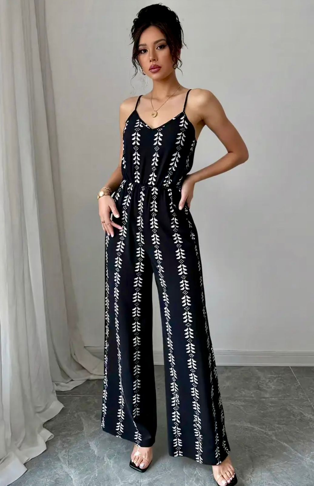 The Aria" Botanical Print Wide-Leg Jumpsuit | Black & White Chic