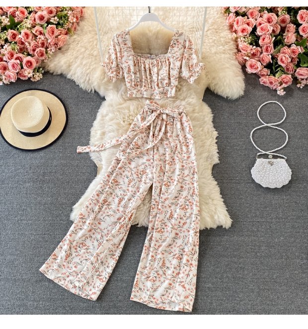 Premium High-Quality Floral Two-Piece Outfit Featuring Delicate Ruffled Crop Top and Graceful Wide-Leg Pants for a Feminine and Stylish Look
