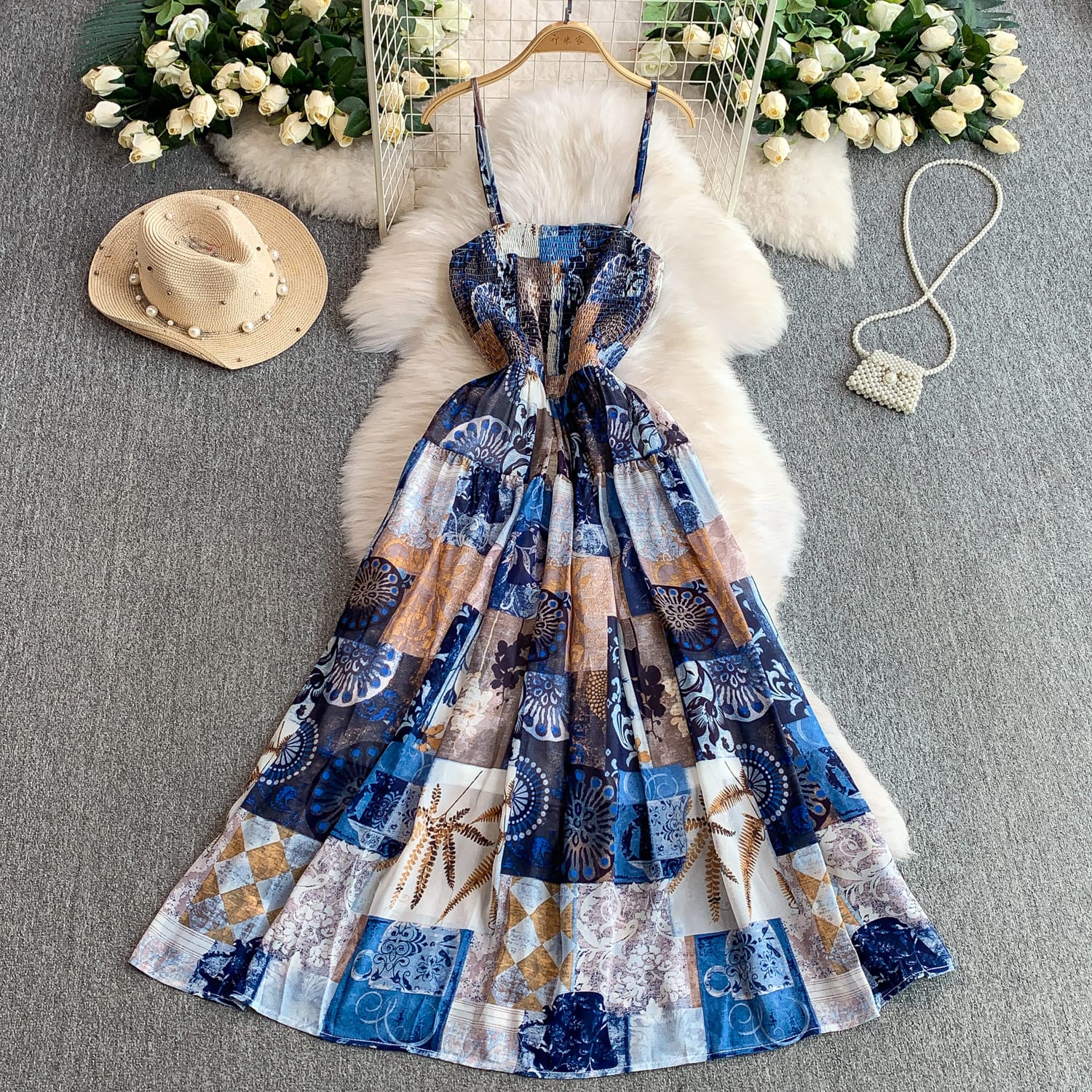 "Elegant Floral Bloom Maxi Dress – Free Size, Lightweight & Flowing Design in Blue & Rosé Variants, Fits 46–66kg"