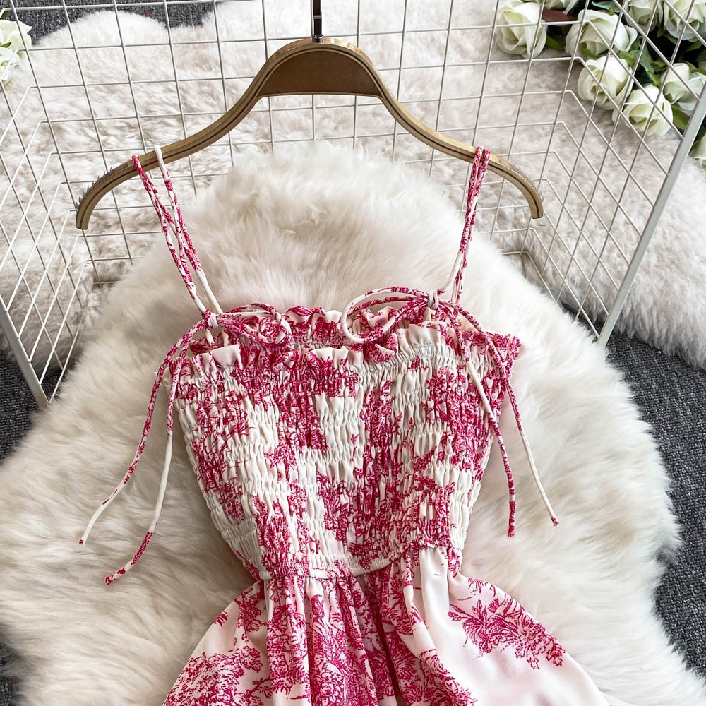 "High-Quality Vintage Pink Toile Print Maxi Dress – Elegant Smocked Bodice, Adjustable Spaghetti Straps & Flowing Summer Silhouette"