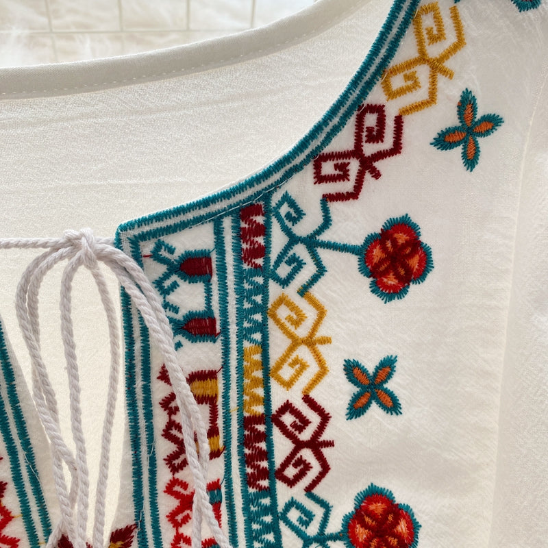 "High-Quality Bohemian Embroidered Maxi Dress – Elegant Lantern Sleeves, Drawstring Waist & Ethnic Chic Detailing"
