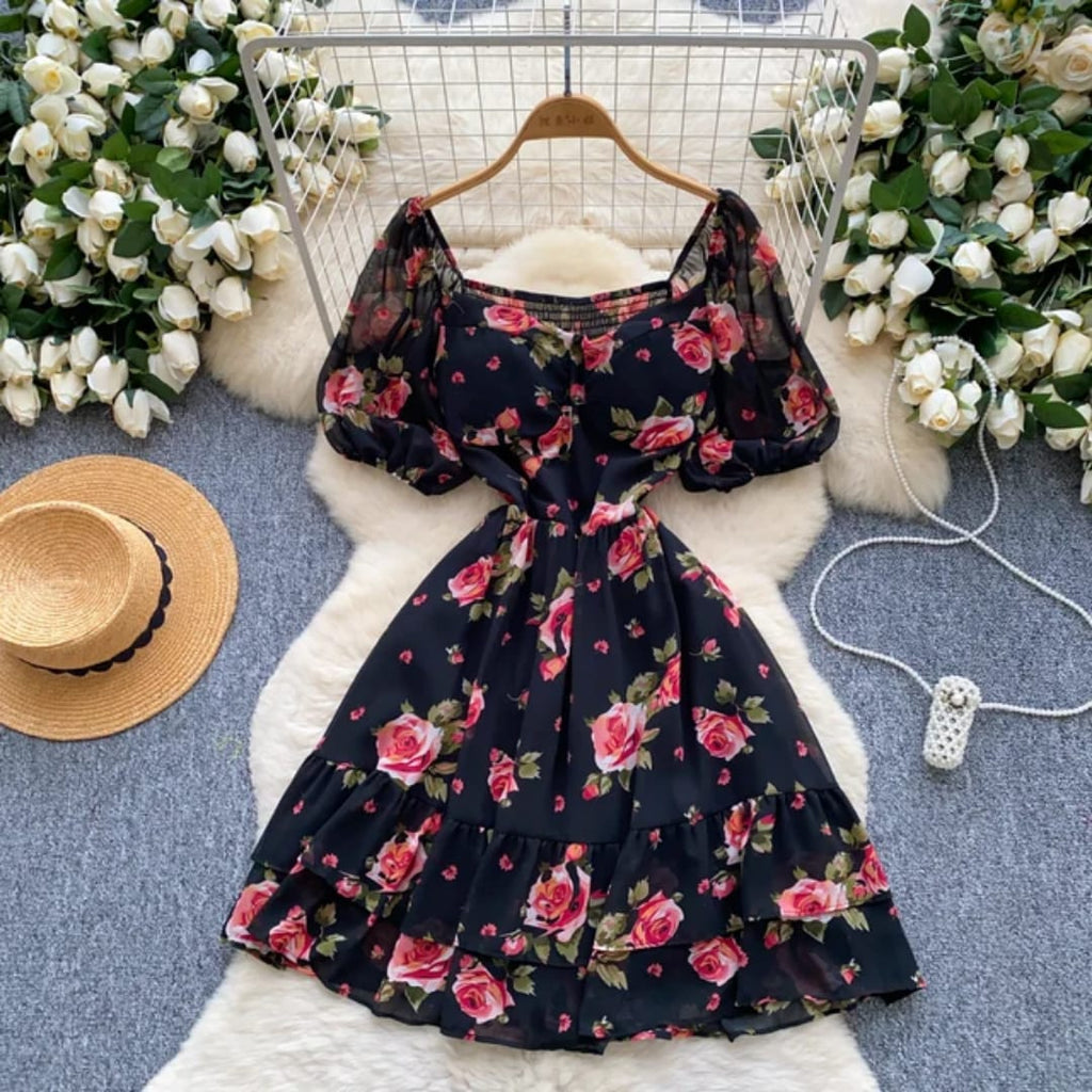 "Romantic Black Off-Shoulder Dress with Red Rose Floral Print – Summer Elegance" 🌹