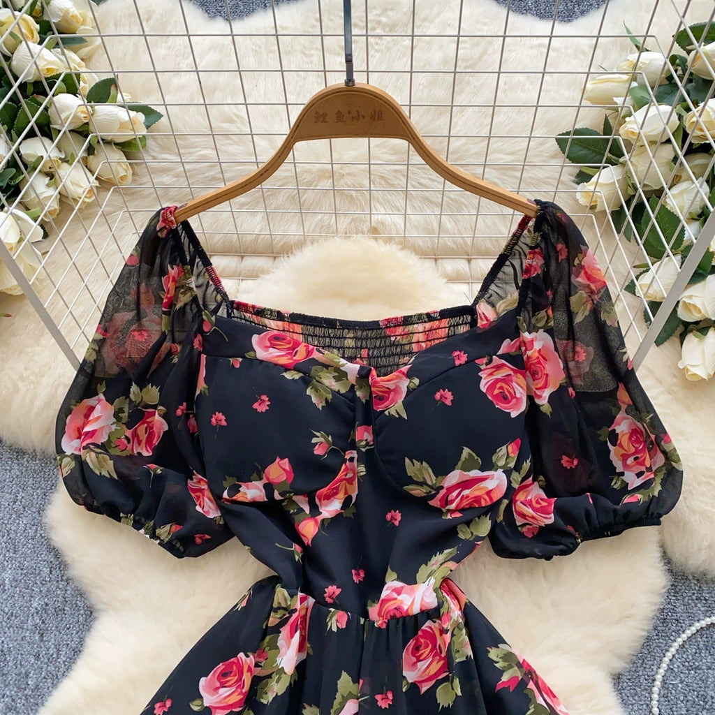 "Romantic Black Off-Shoulder Dress with Red Rose Floral Print – Summer Elegance" 🌹
