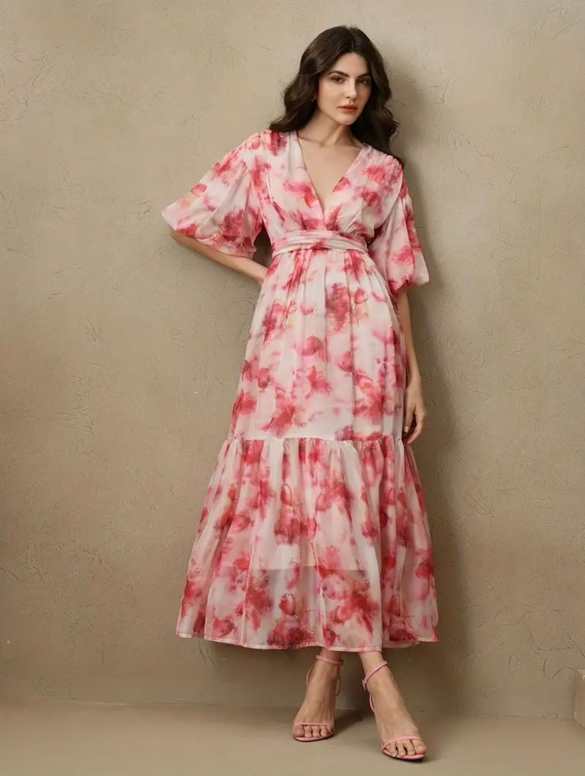 “Blush Bloom Elegance – Flowing Pink Floral Maxi Dress for Effortless Grace”